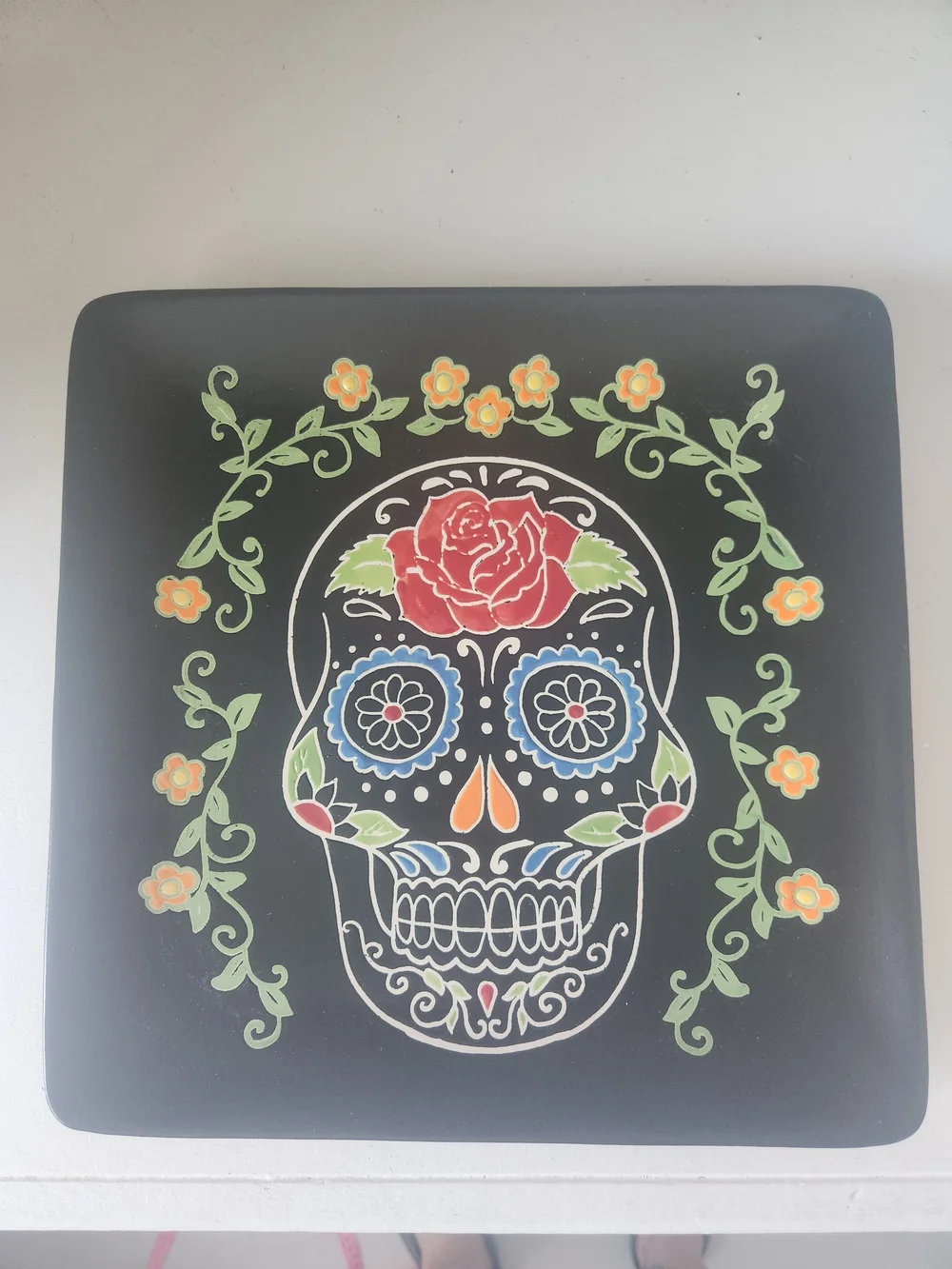 INHOMESTYLEZ Halloween Sugar Skull ceramic platter Day Of The Dead 11x11